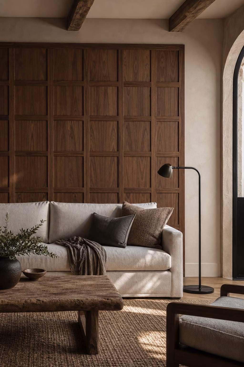 Walnut grid wall decor adding tailored rustic structure above a sofa