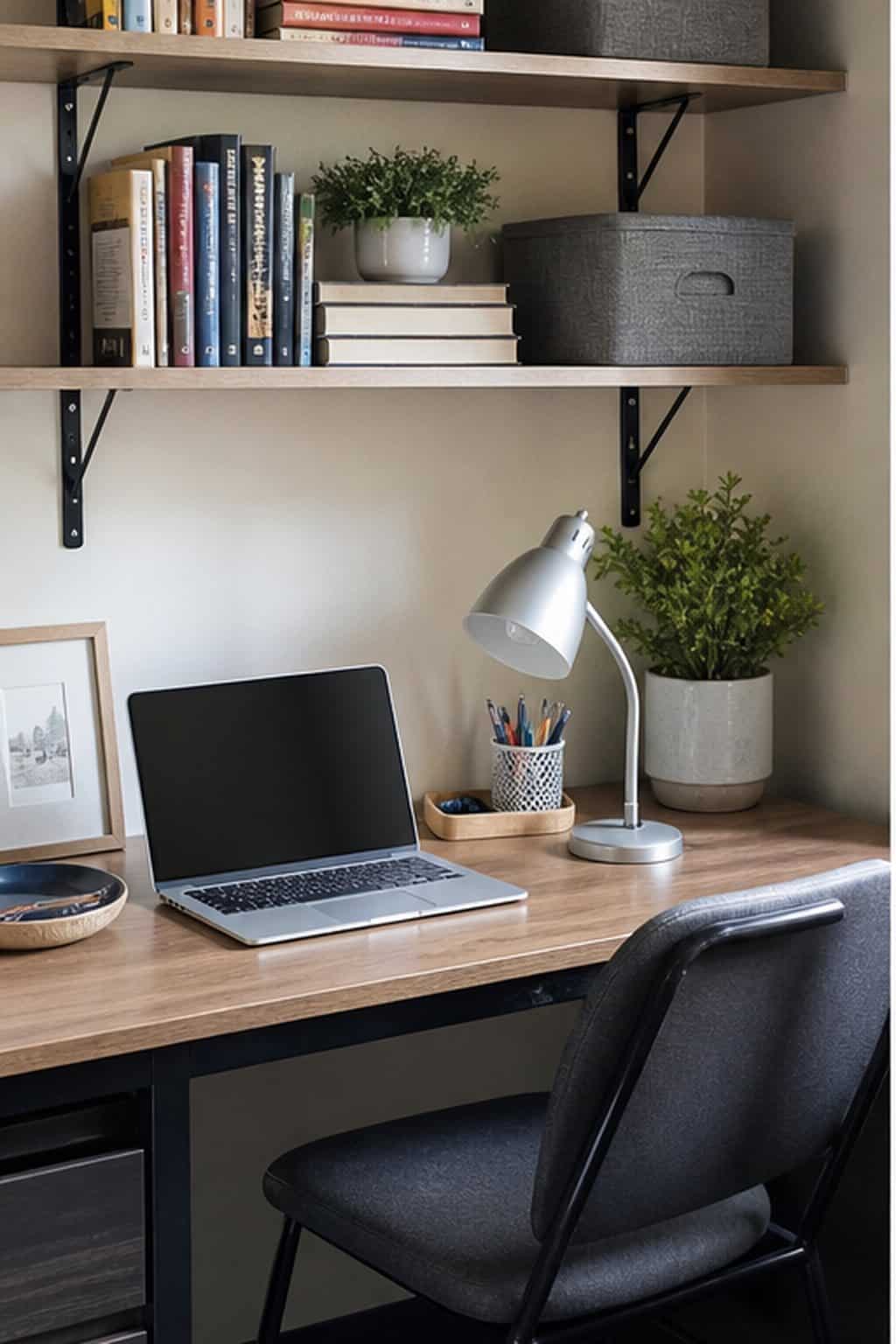Dorm desk with shallow wall shelves that keep the work surface open and organized.