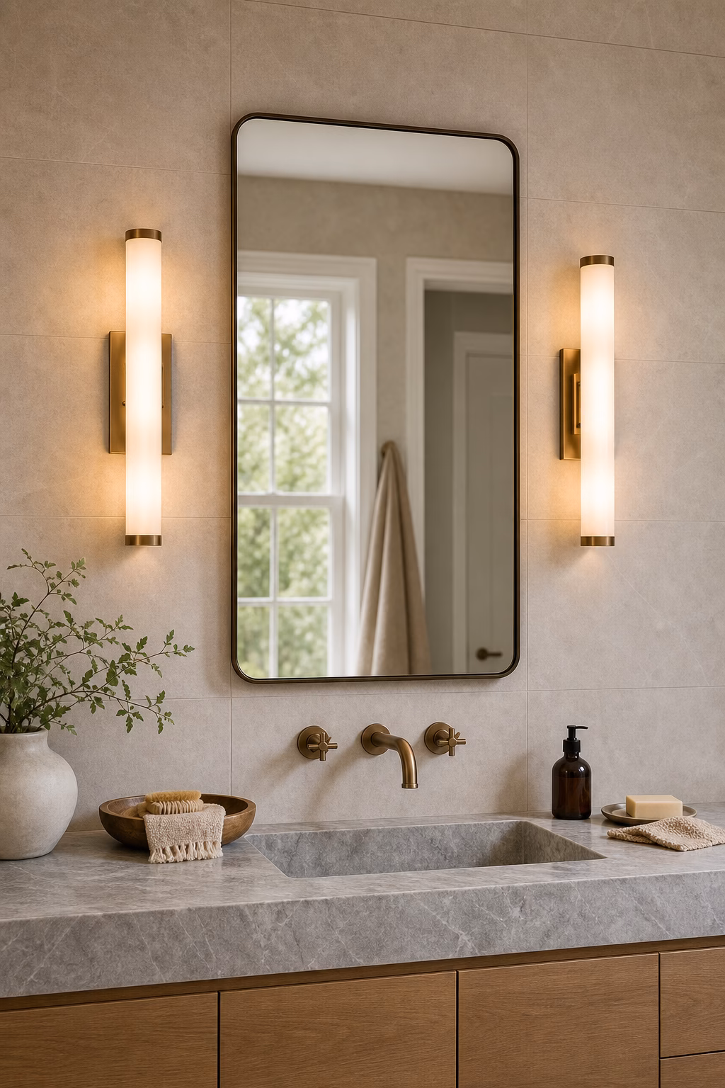 Bathroom mirror flanked by vertical sconces with warm flattering light
