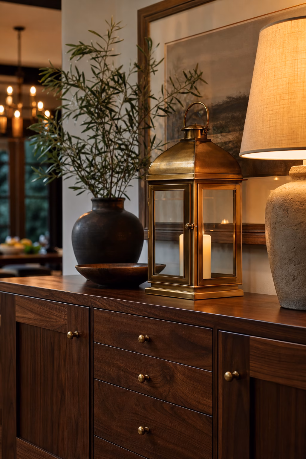 Antique brass lantern styled with warm walnut wood furniture