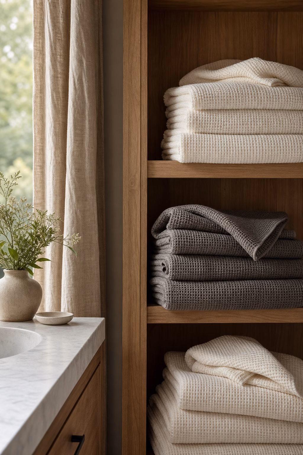 Stacked waffle weave towels on open oak bathroom shelving