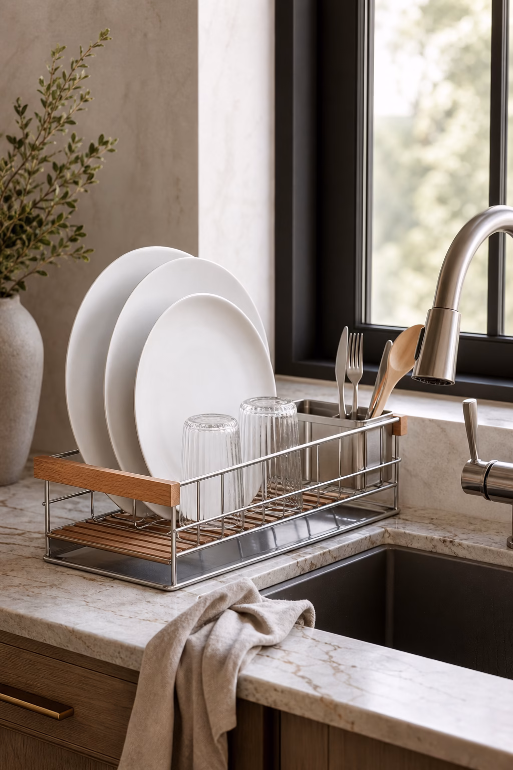 Slim stainless and wood dish rack beside a kitchen sink with white plates