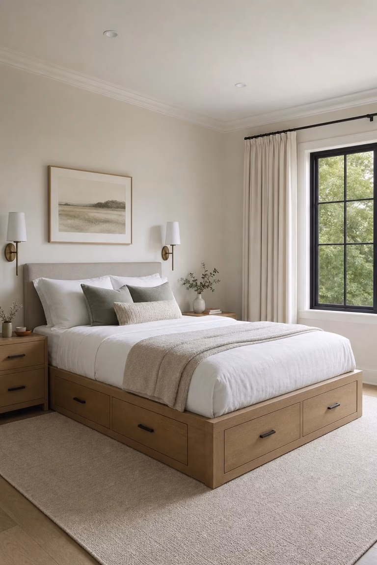 Medium-height storage bed in a small airy bedroom with balanced proportions.