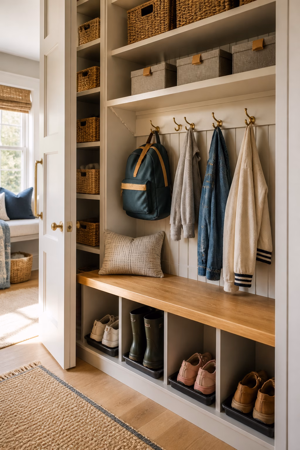 Mudroom-style kids closet with low hooks, backpack storage, bench, shoe trays, baskets, and jackets.