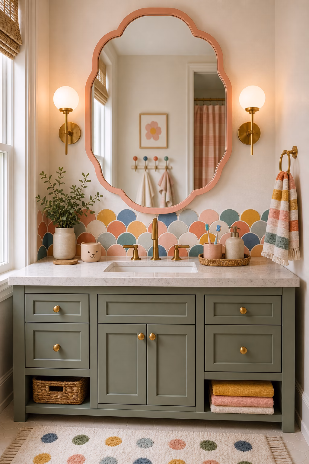 make the mirror feel special shown in a polished kids bathroom with realistic materials and natural light.