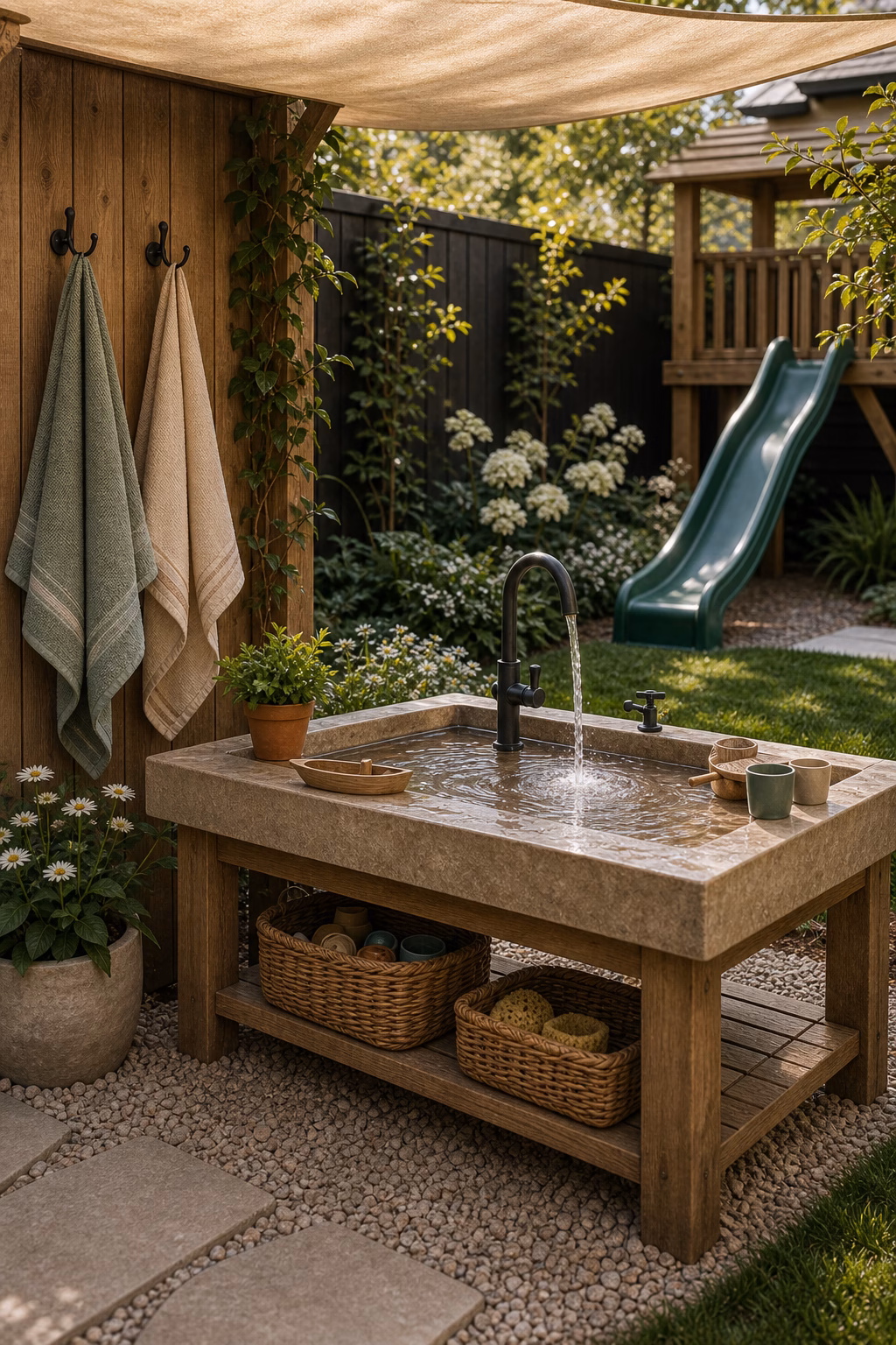 include a water play station shown in a polished kids backyard with realistic materials and natural light.