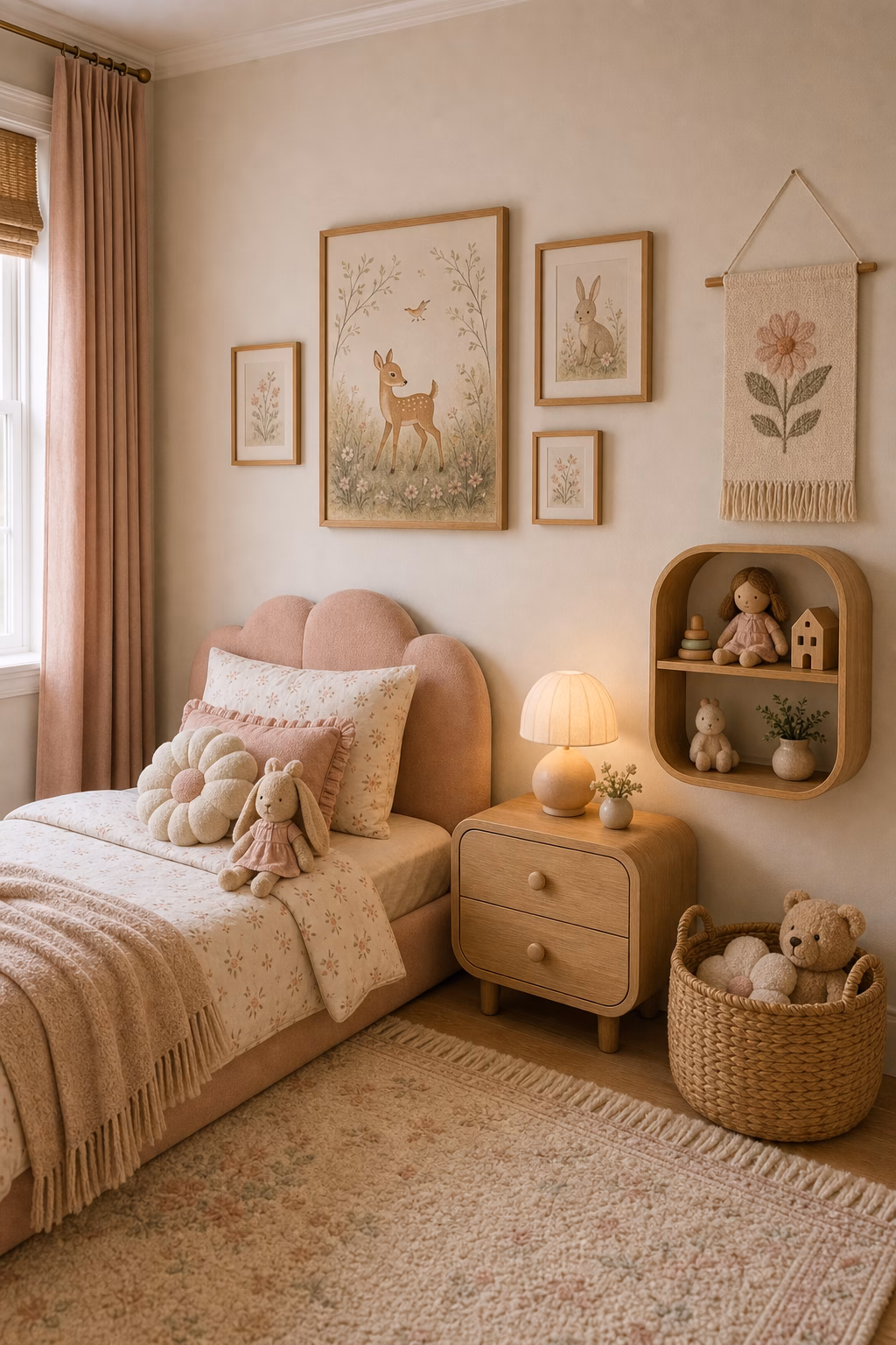 use wall decor that feels gentle shown in a polished toddler girl bedroom with realistic materials and natural light.