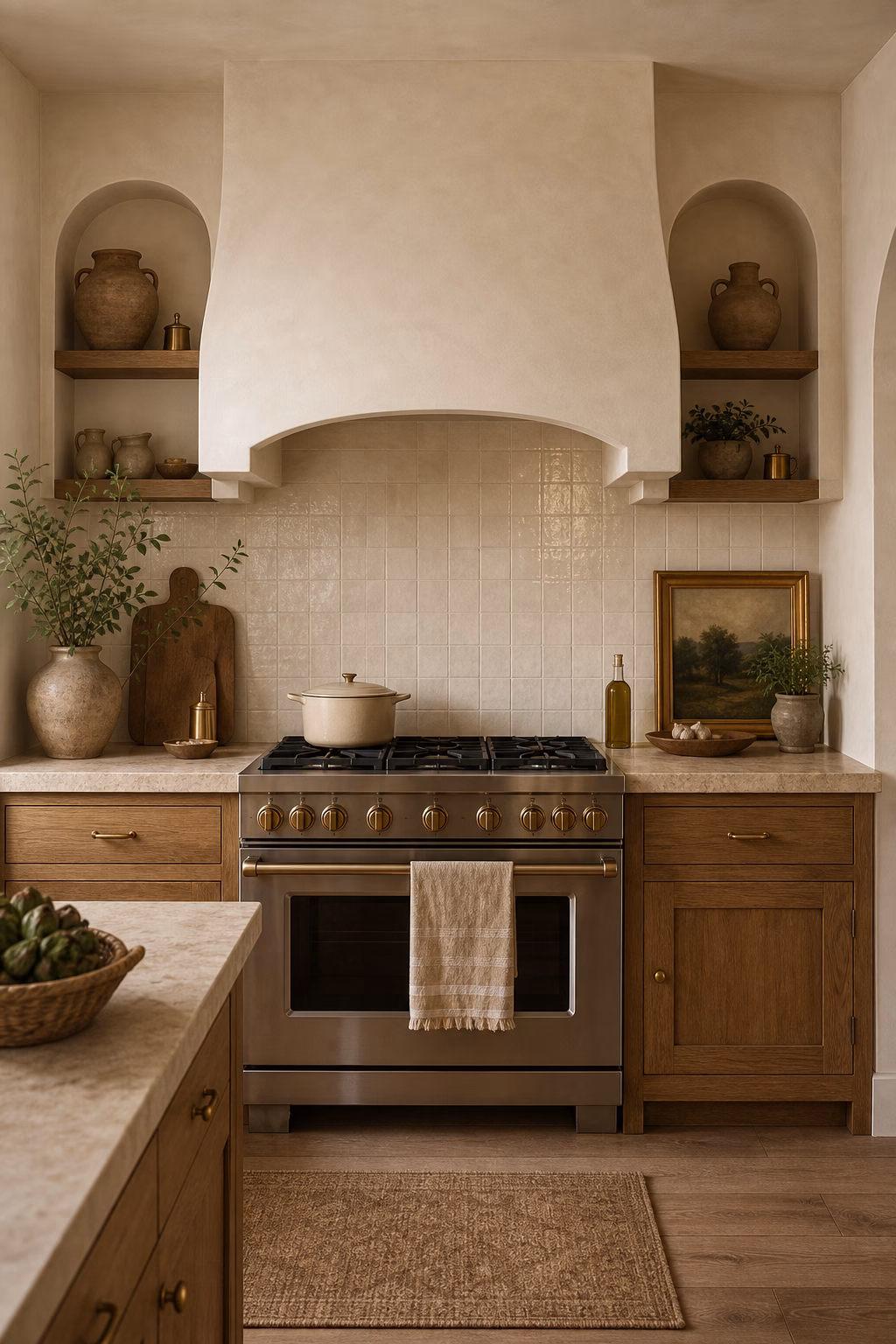 Cream plaster kitchen range wall with sculpted hood and stone counters