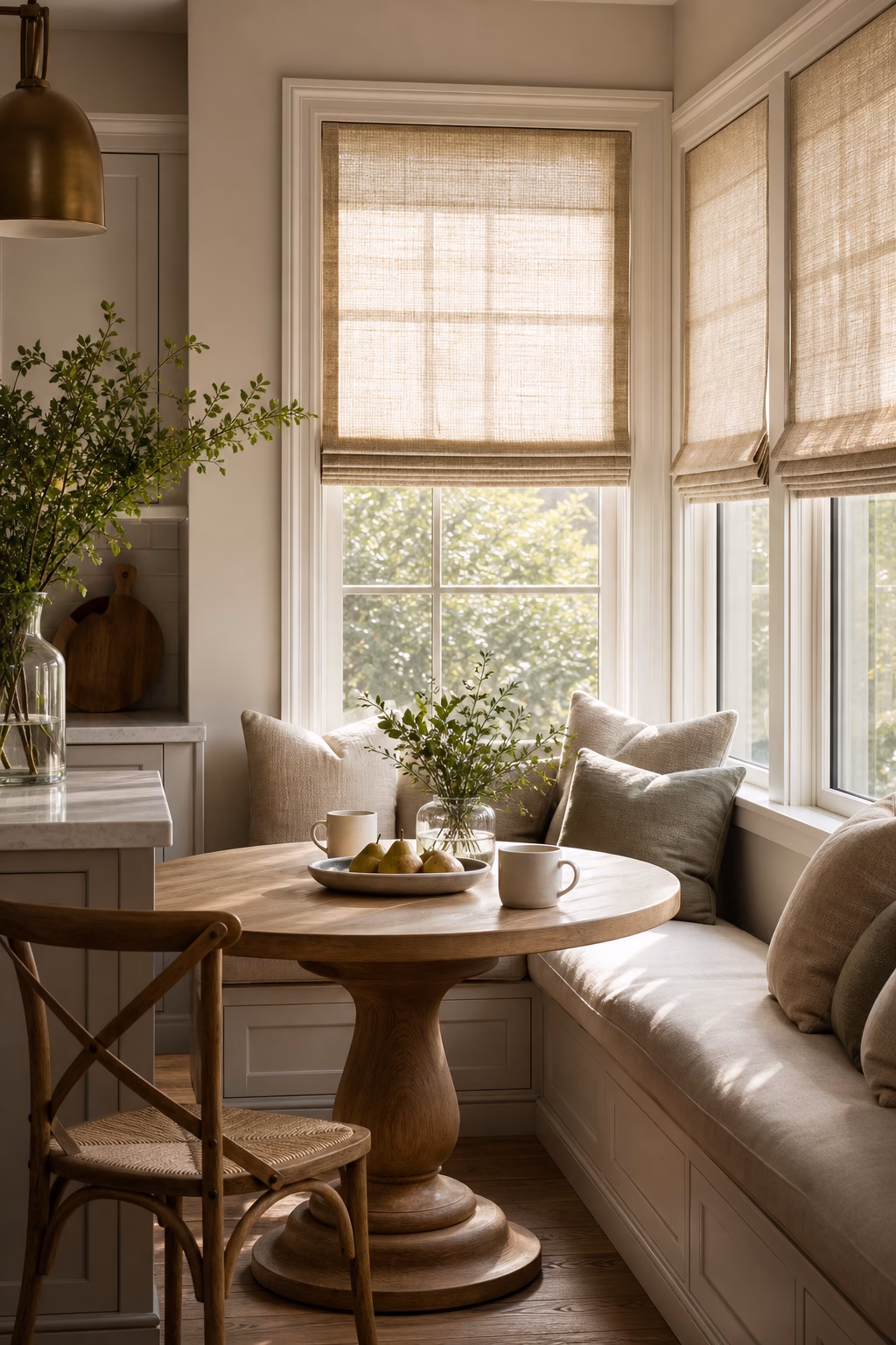 Breakfast nook with roman shades filtering warm morning light.