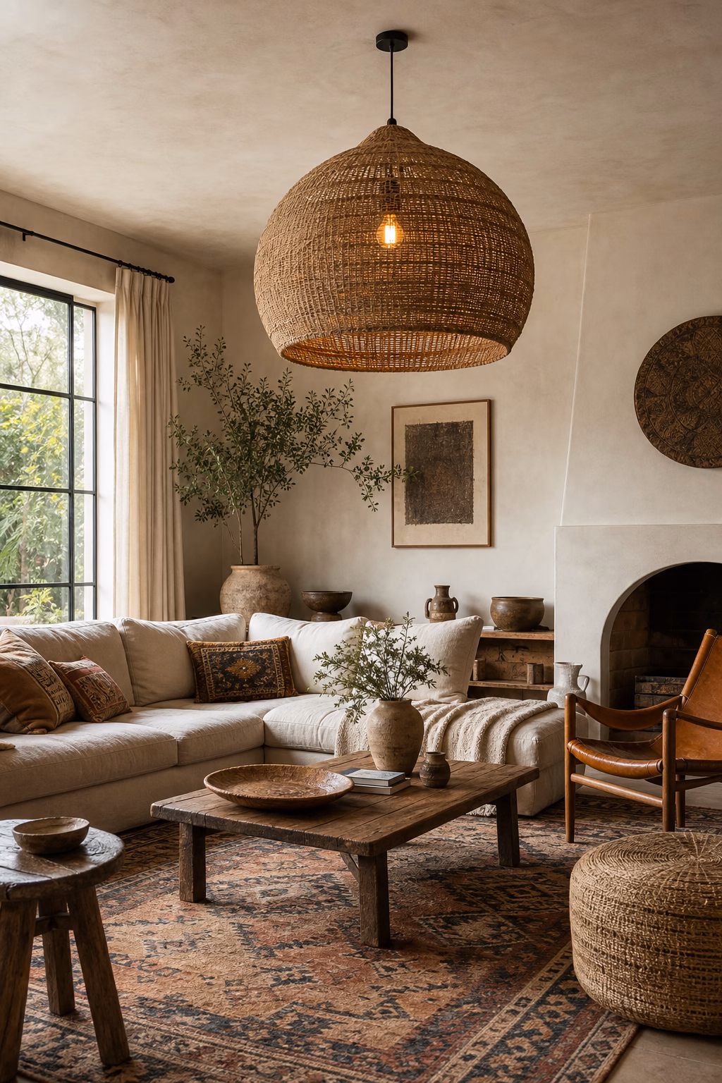 Boho living room with oversized woven pendant above relaxed seating
