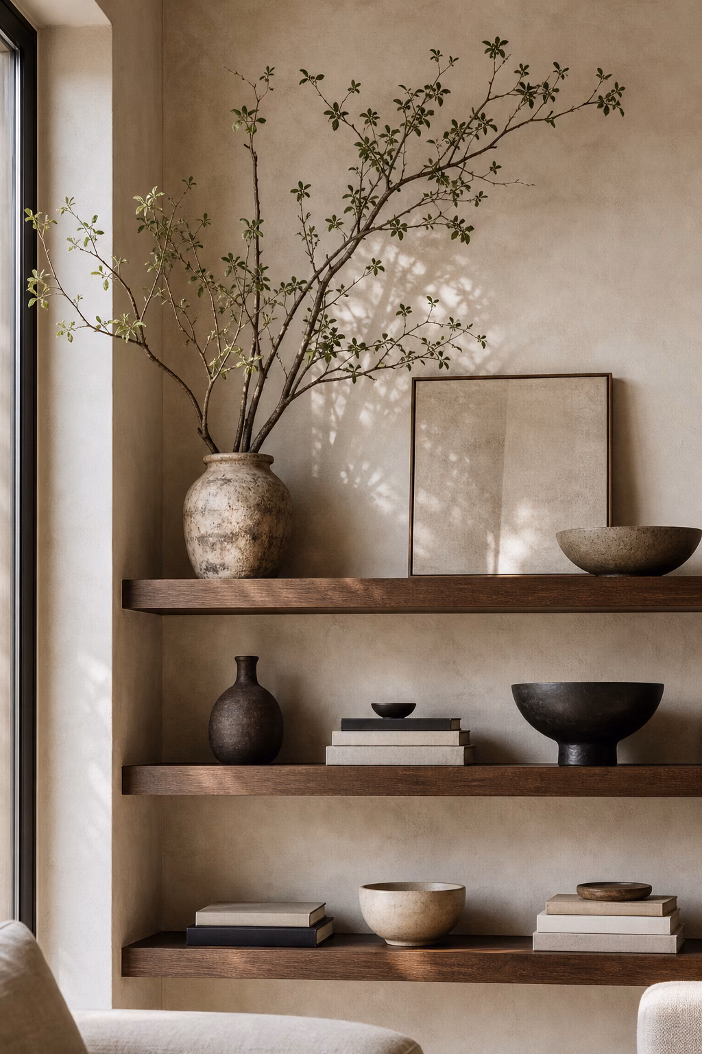 Tall branches in a ceramic vase adding height to shelf decor