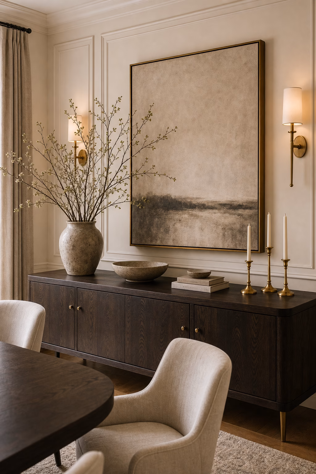 use a sideboard as a styling anchor shown in a polished luxury dining room with realistic materials and natural light.