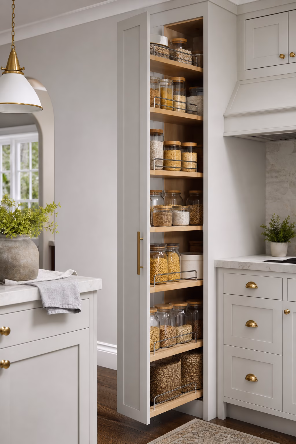 create a narrow pull-out pantry shown in a polished small kitchen with realistic materials and natural light.