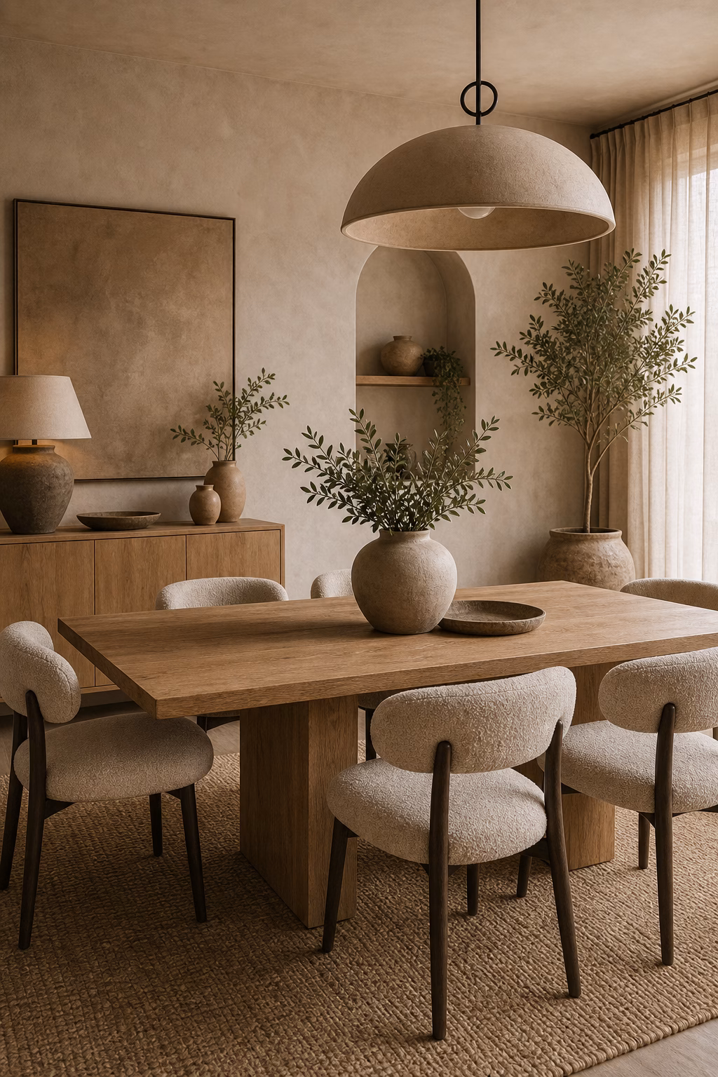 keep the palette warm and mineral shown in a polished organic modern dining room with realistic materials and natural light.