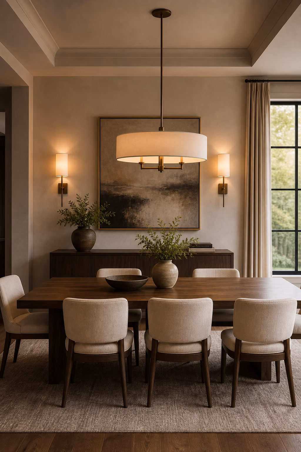 Dining room wall sconces layered with an overhead pendant in natural light.