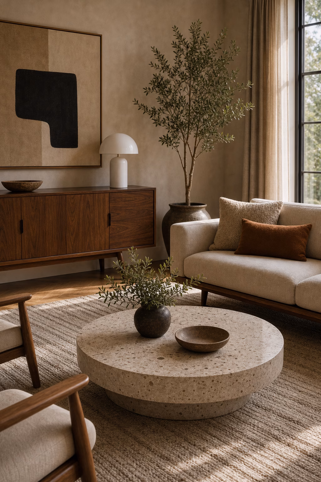 Stone coffee table paired with walnut furniture in a mid-century living room