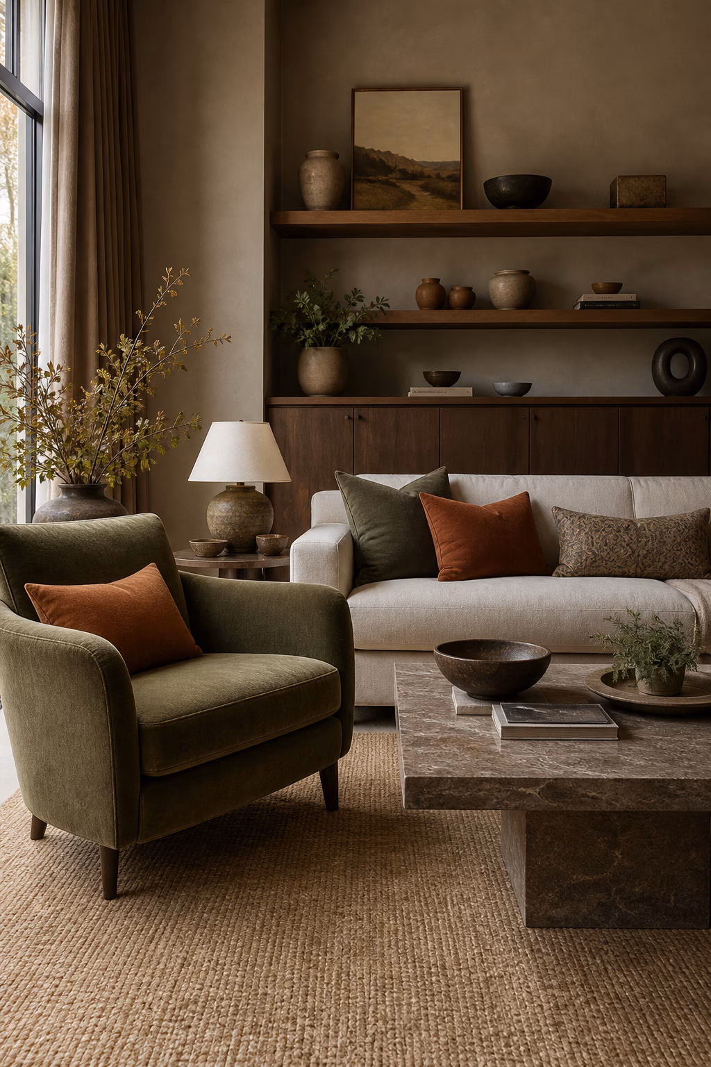 Earth toned living room with clay olive and warm neutral accents