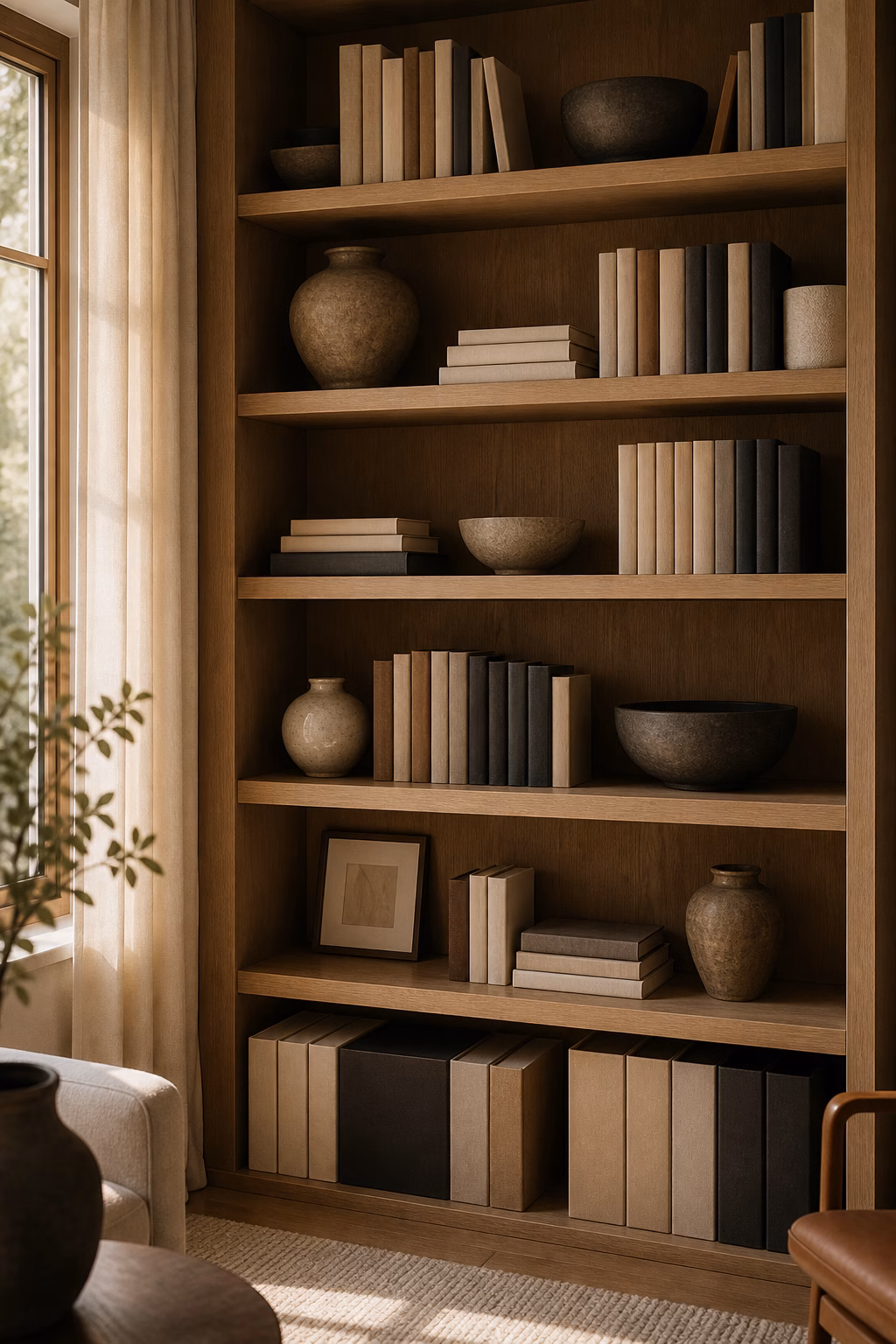 Heavy oversized books placed on lower shelves for stable styling