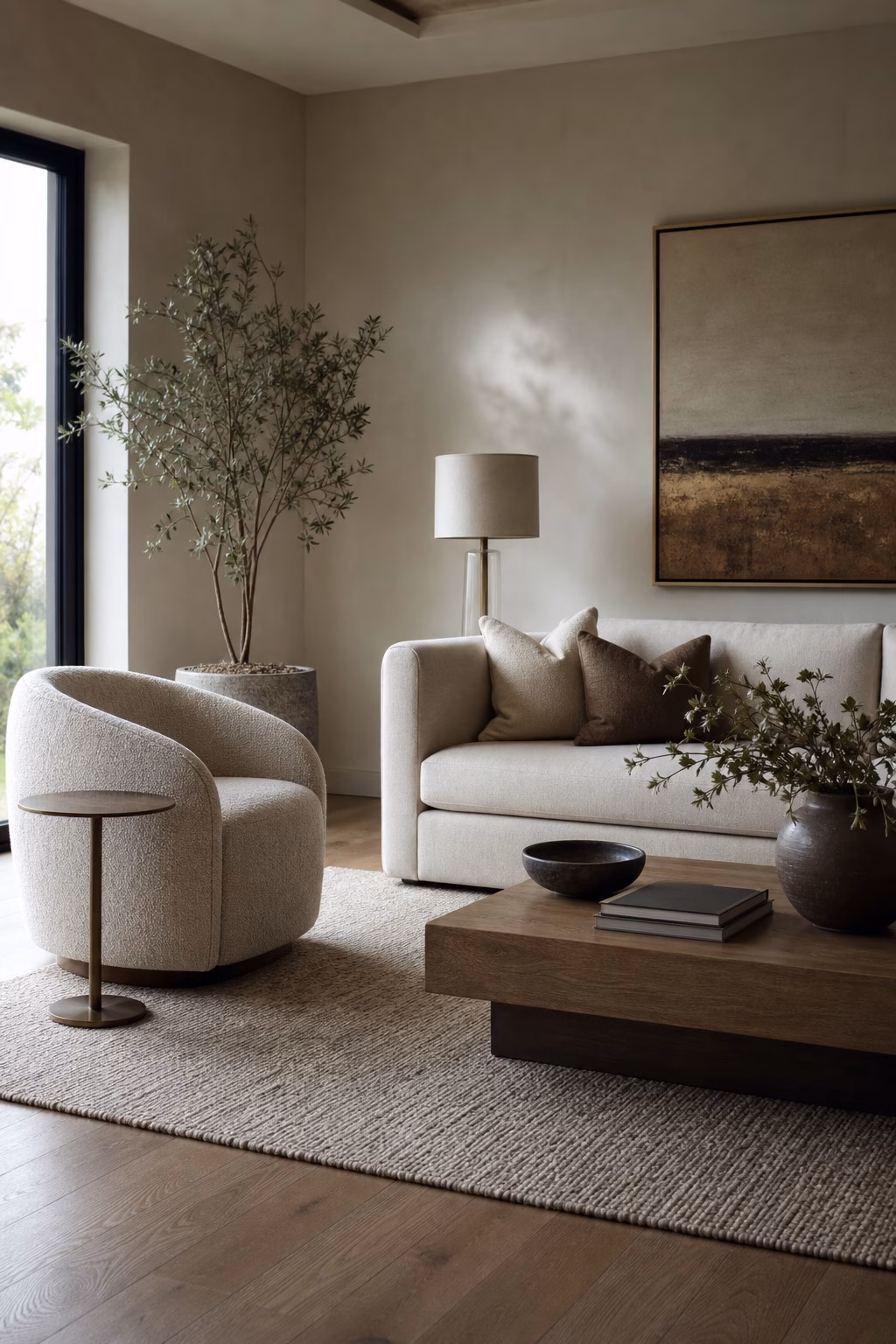 Modern living room with curved accent chair and rectangular sofa