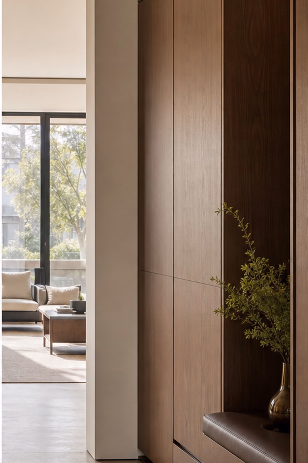 Integrated handleless storage disappearing into a modern interior wall