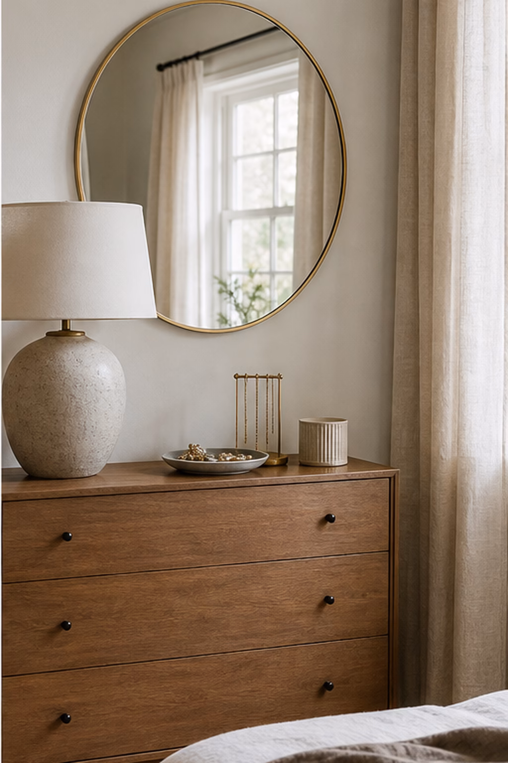 Round mirror hung low above a compact bedroom dresser