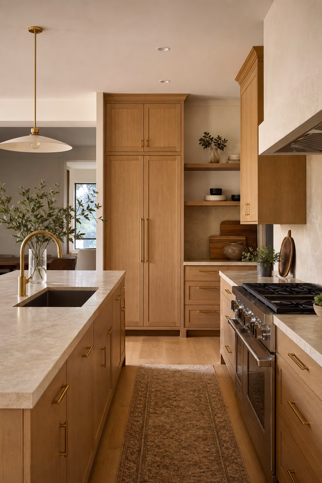 Minimalist kitchen remodel with warm metal hardware, oak cabinetry, and pale stone surfaces.