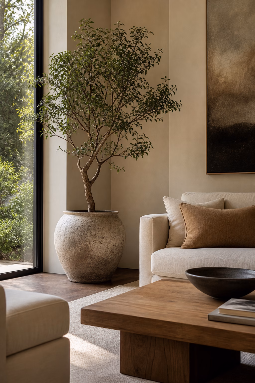 Earthy living room with sculptural indoor tree beside large window