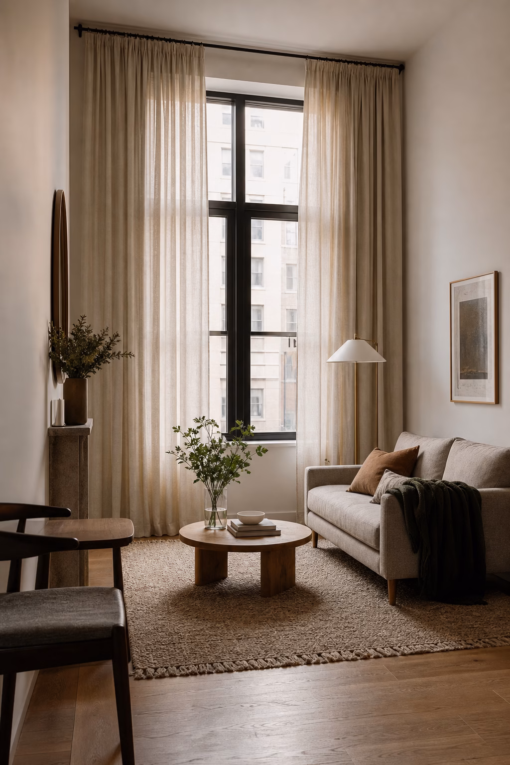 Cozy apartment windows with full length linen curtains and filtered daylight