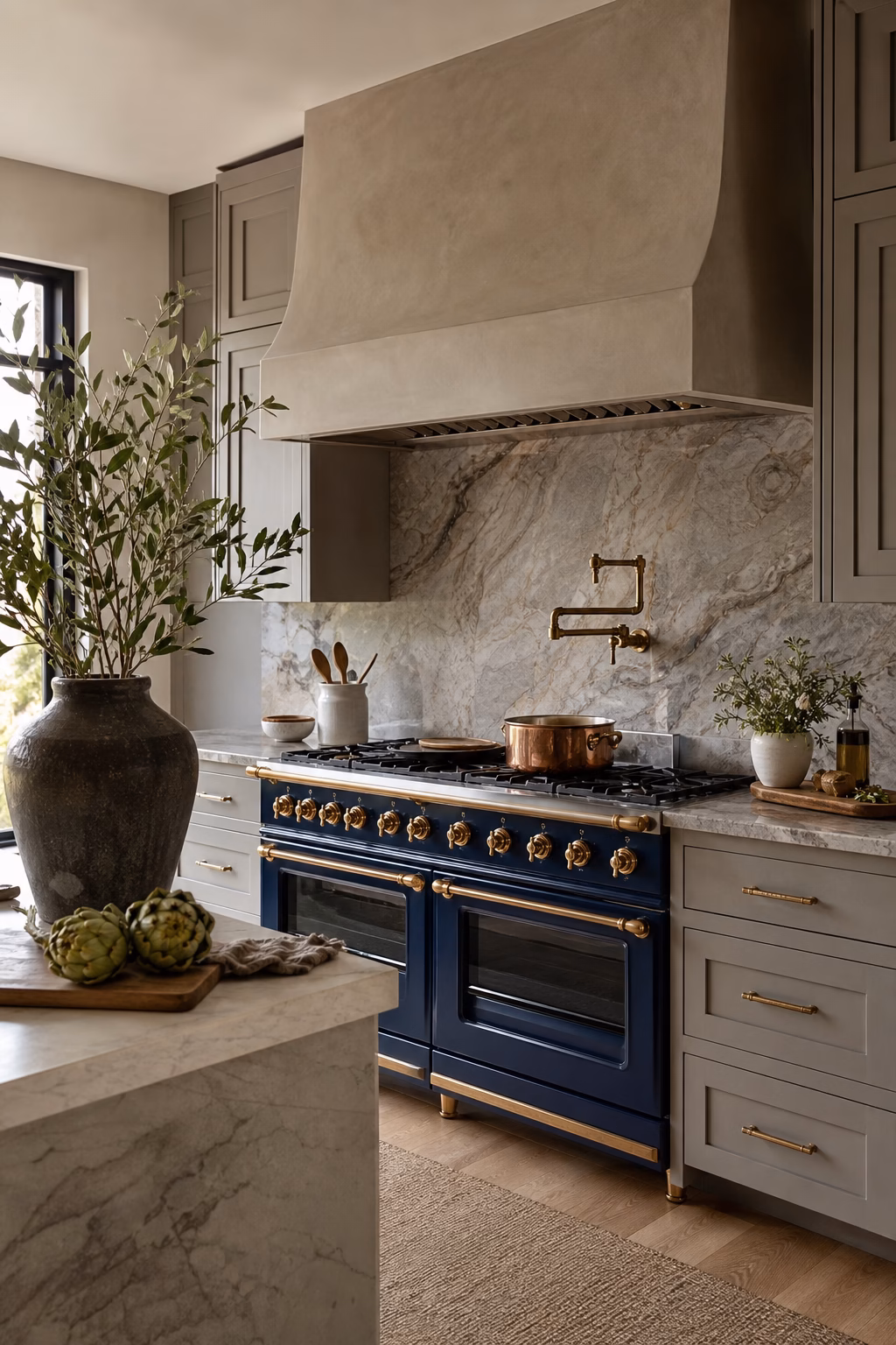 Luxury kitchen with a deep blue range as a confident focal point.