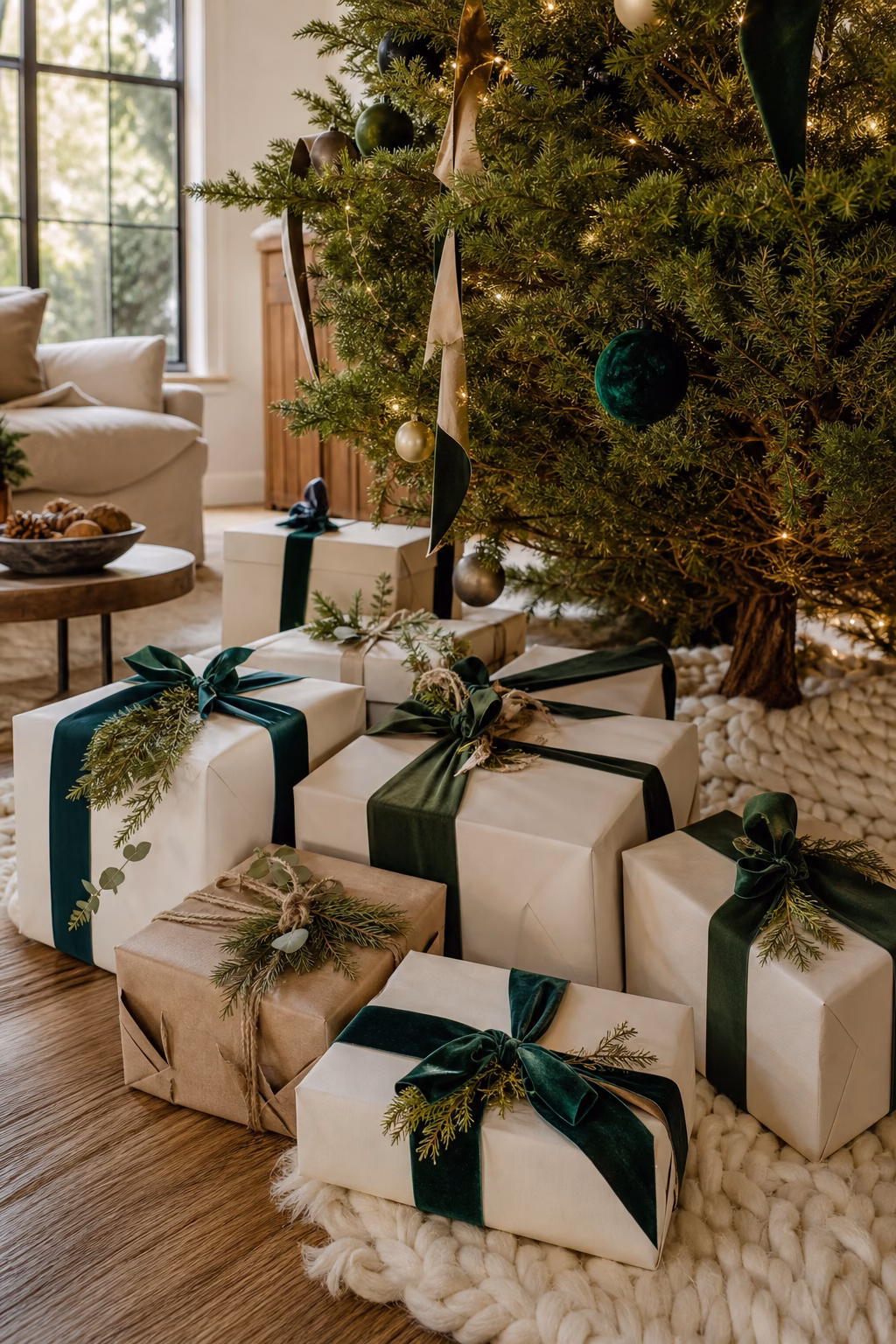 Beautifully wrapped holiday gifts styled as part of the room