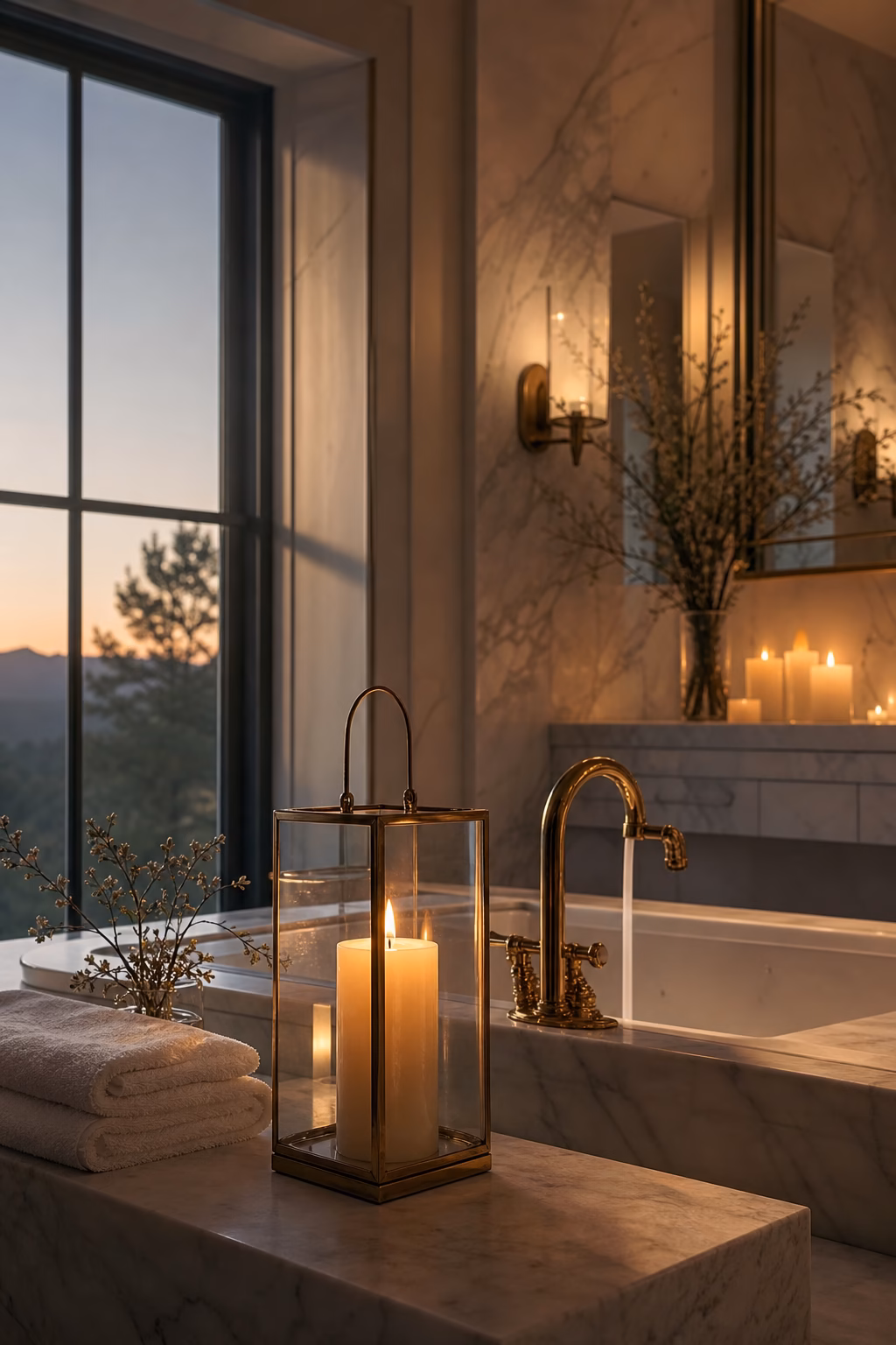 Glass candle lantern creating spa atmosphere on a bathroom tub ledge