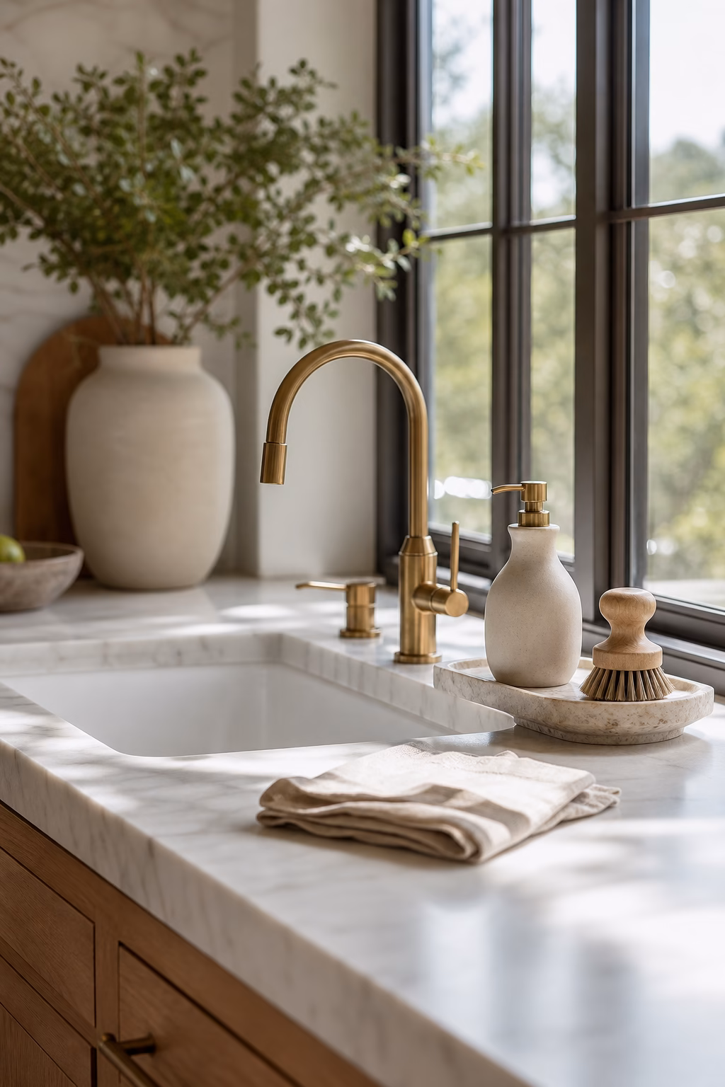 Practical sleek sink zone with dispenser tray brush and linen towel