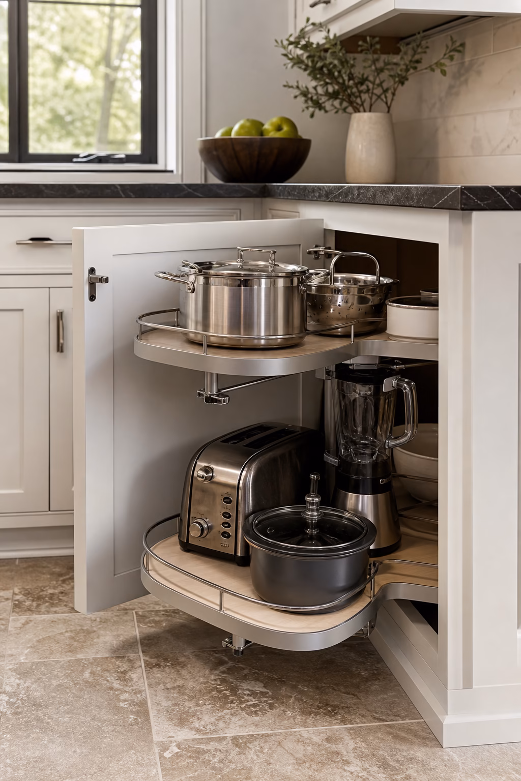 Kitchen corner cabinet with a swing-out storage system for pans and small appliances.