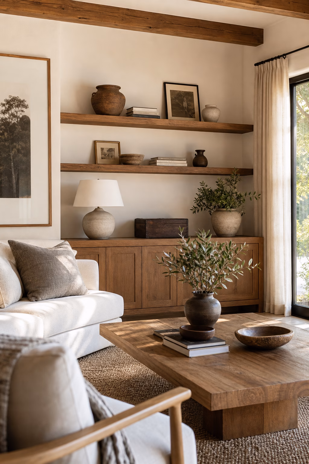 Cosy living room with natural wood coffee table shelves and side cabinet