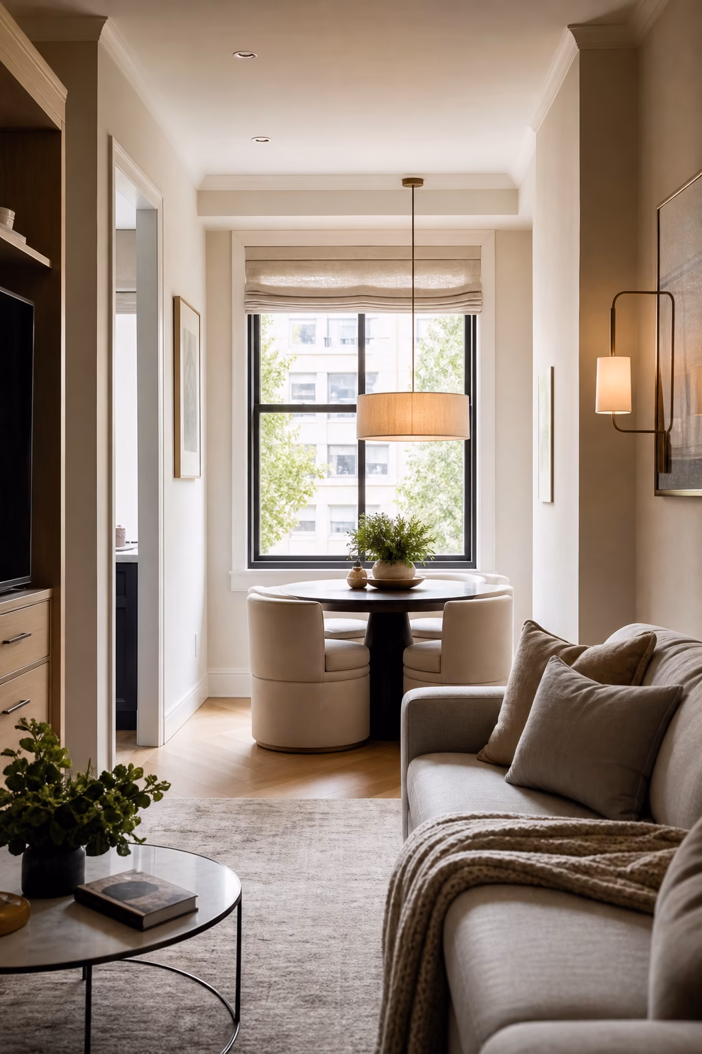 Apartment living room with small round dining nook near window