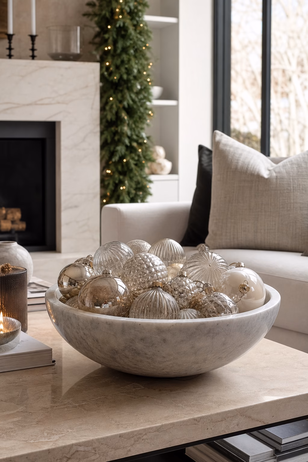 Muted glass ornaments styled in a marble bowl for Christmas decor
