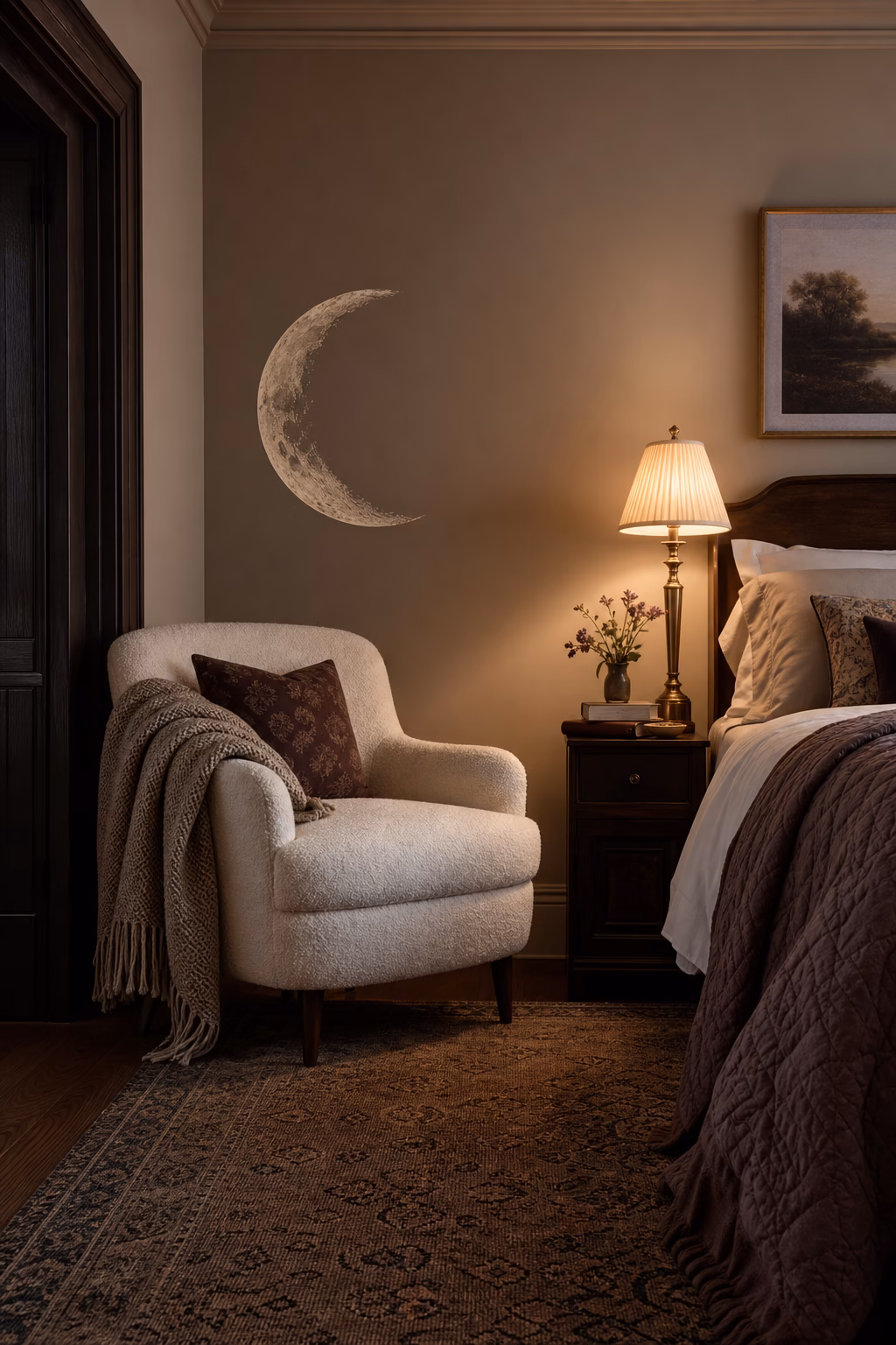 Crescent moon decal above a cozy bedroom reading nook
