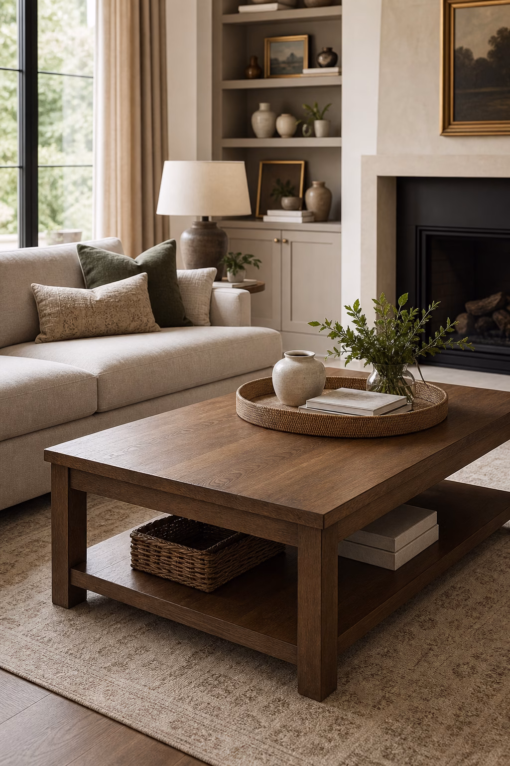Cozy living room with a practical coffee table offering surface area and storage.