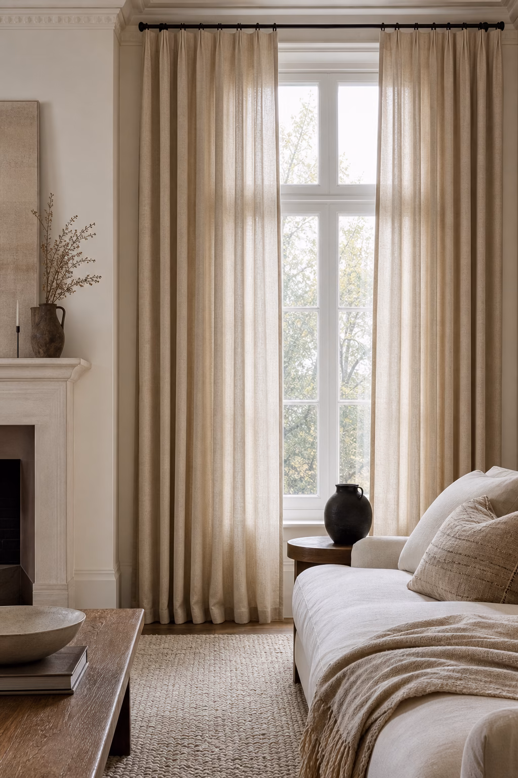 Neutral living room window with full height linen curtains filtering daylight
