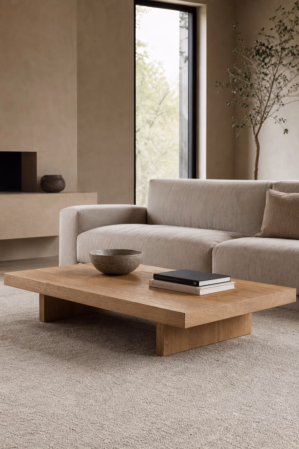 Minimalist living room with low oak coffee table bowl books and open surface