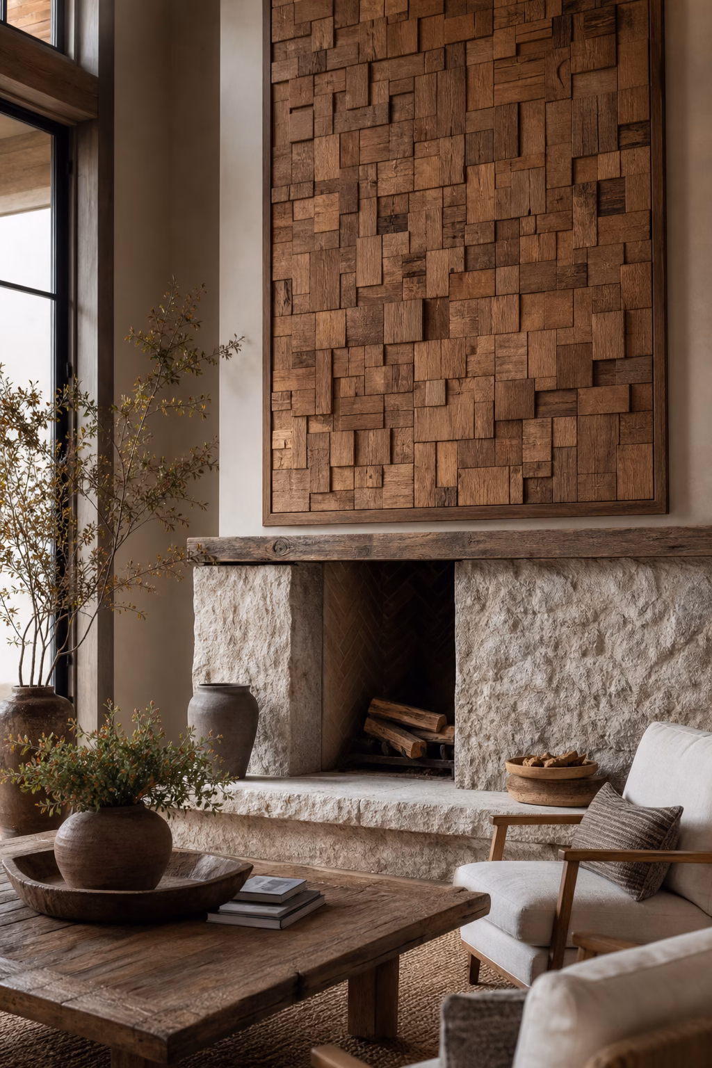 Muted wood mosaic panel creating a rustic fireplace focal point