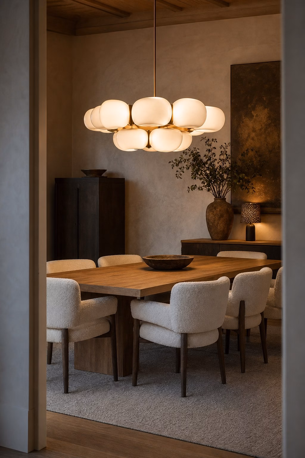 Sculptural chandelier acting like art in an elevated dining room
