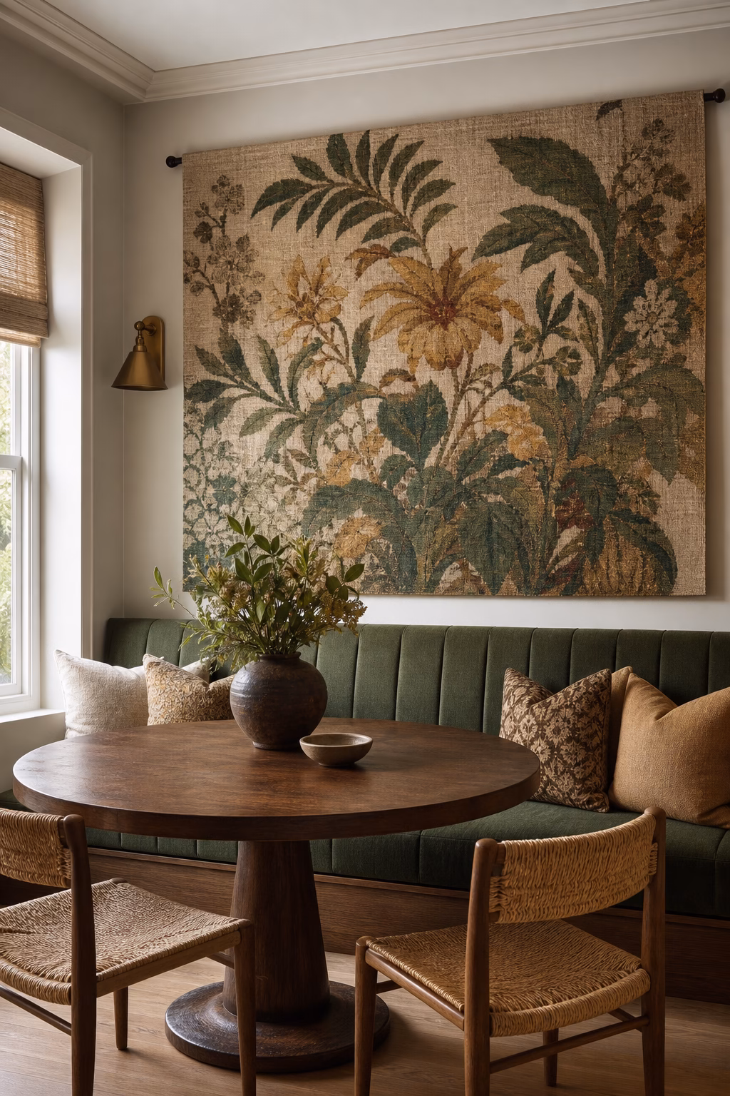 Botanical wall tapestry warming a compact dining nook with a banquette.