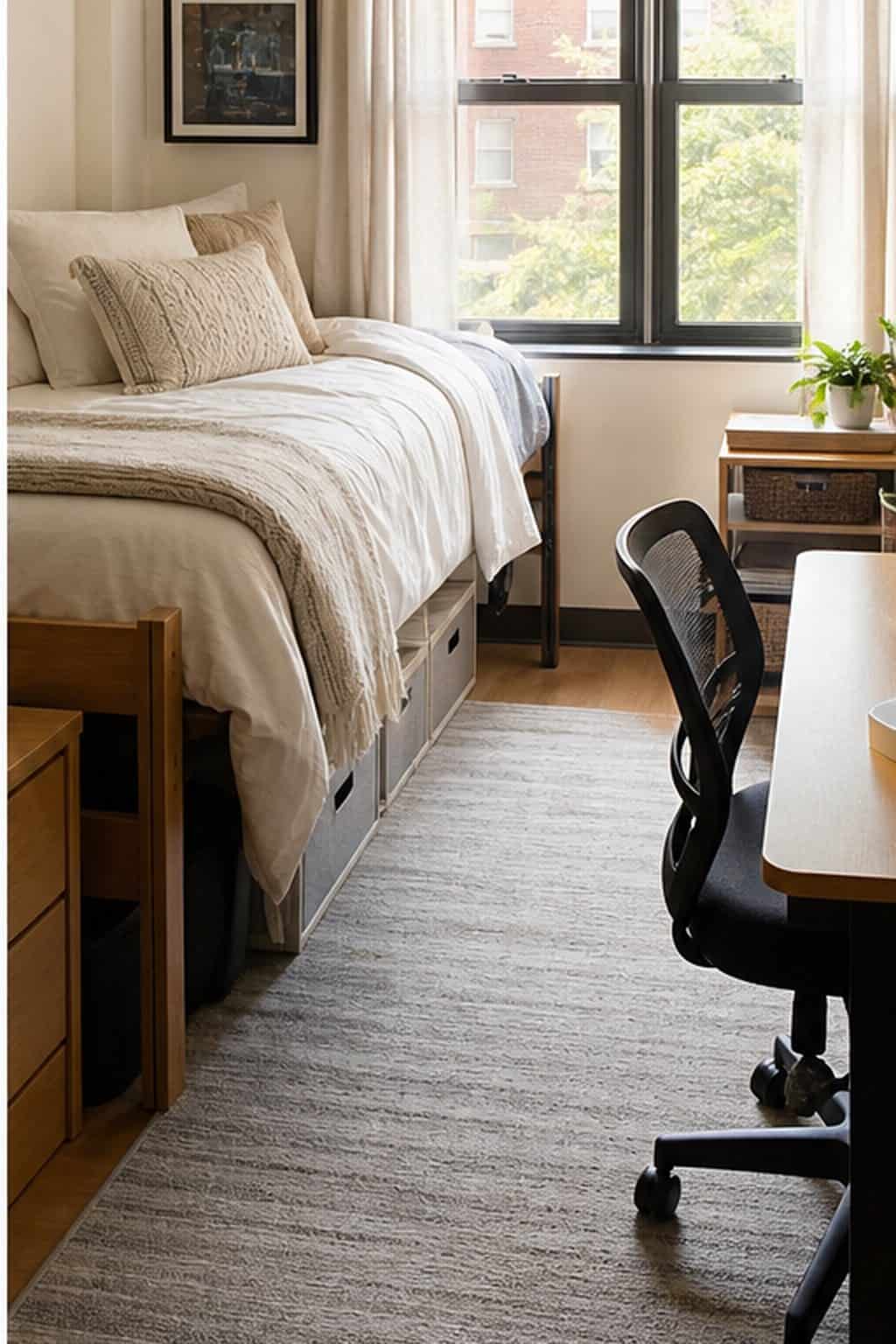 Single dorm room with a large low-pile rug connecting the bed, desk, and storage zones.