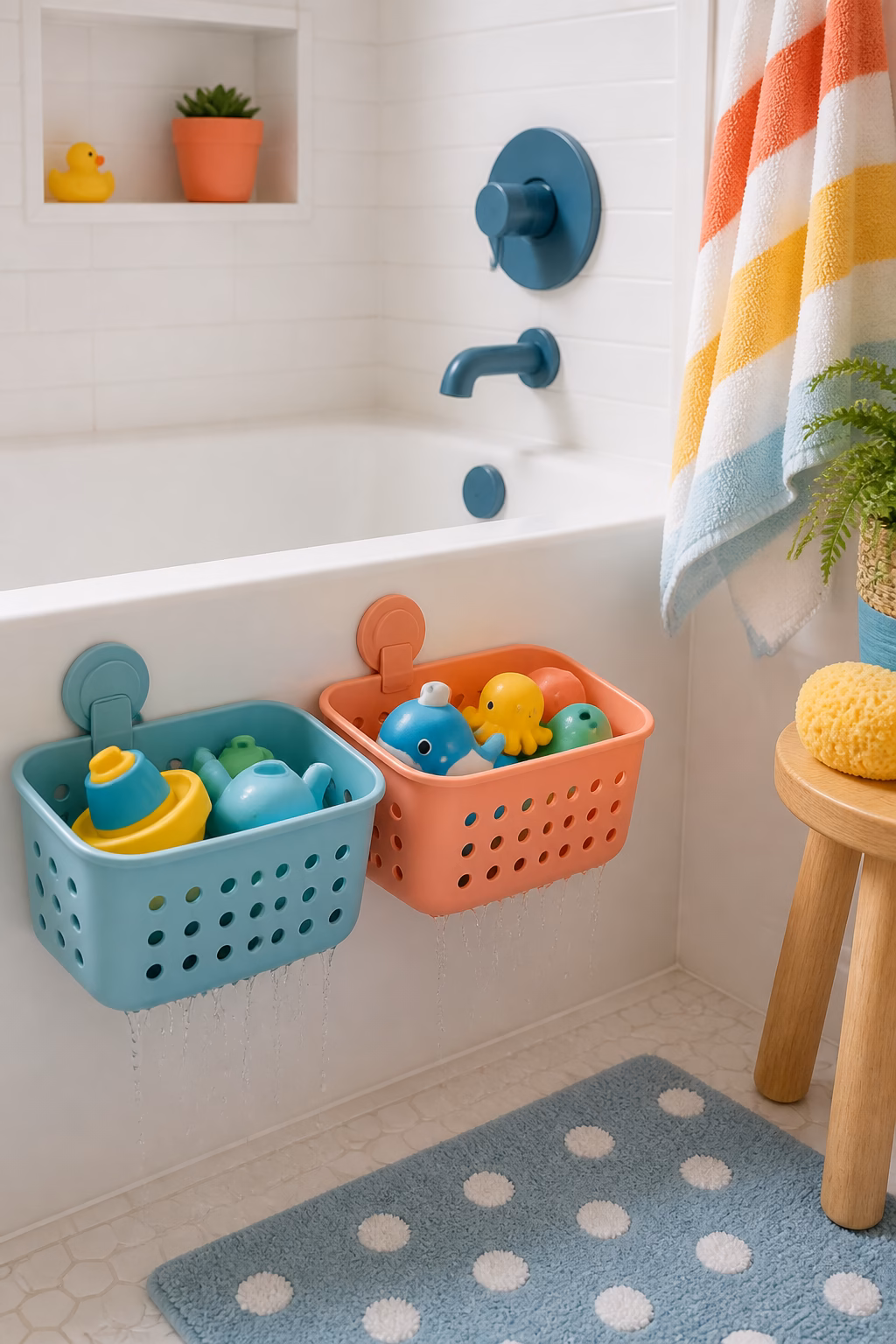 Store Bath Toys in Draining Bins