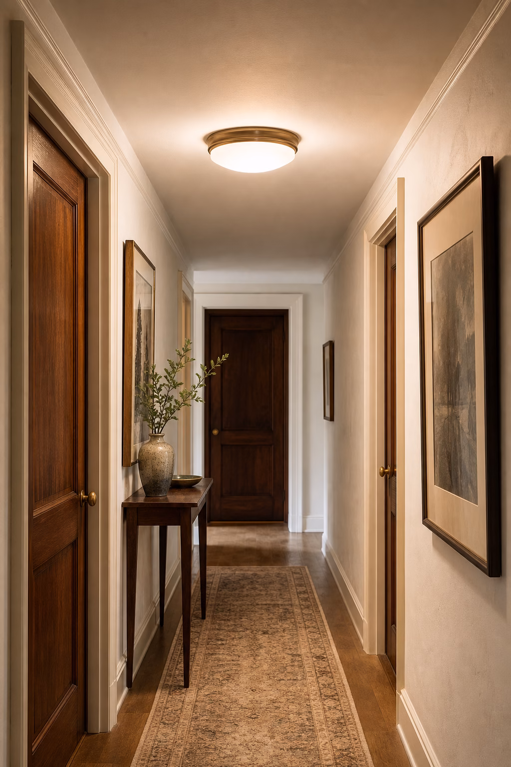 Low ceiling hallway with a simple warm flush mount fixture and framed art