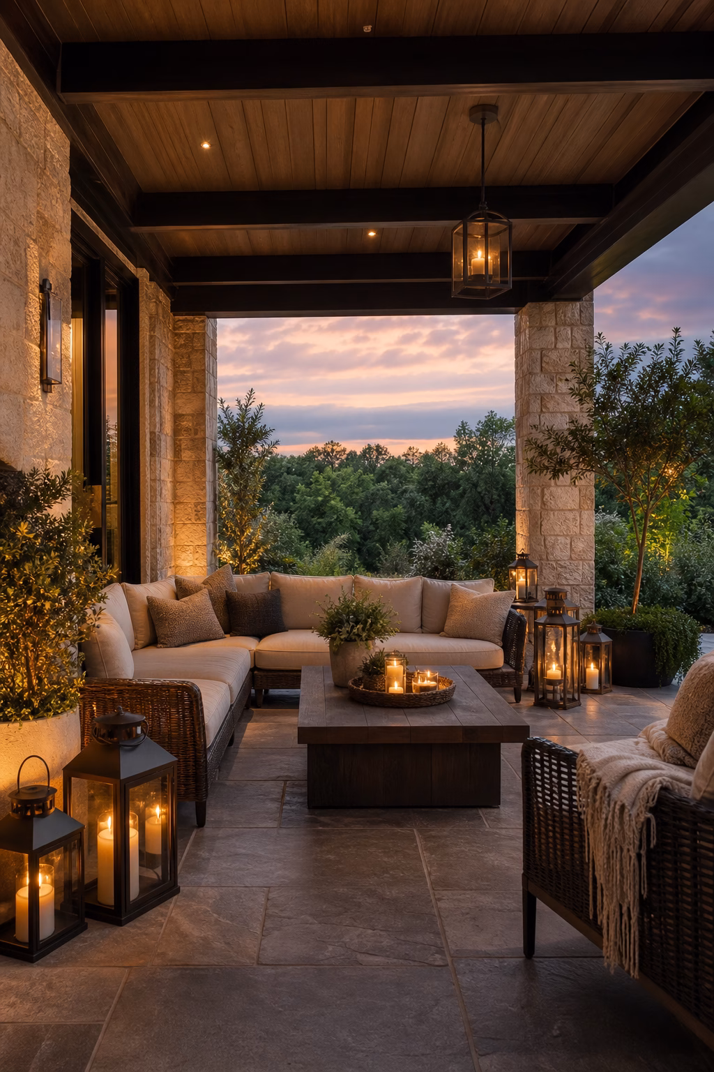 Weather-rated lanterns creating ambient light on a covered patio