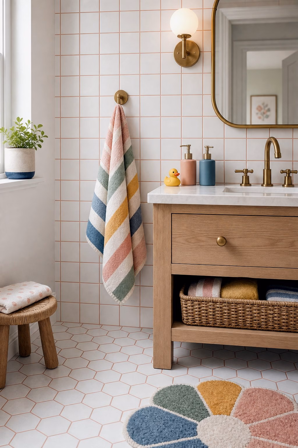Bathroom remodel idea: run tile to the ceiling in the shower in a realistic modern bathroom.