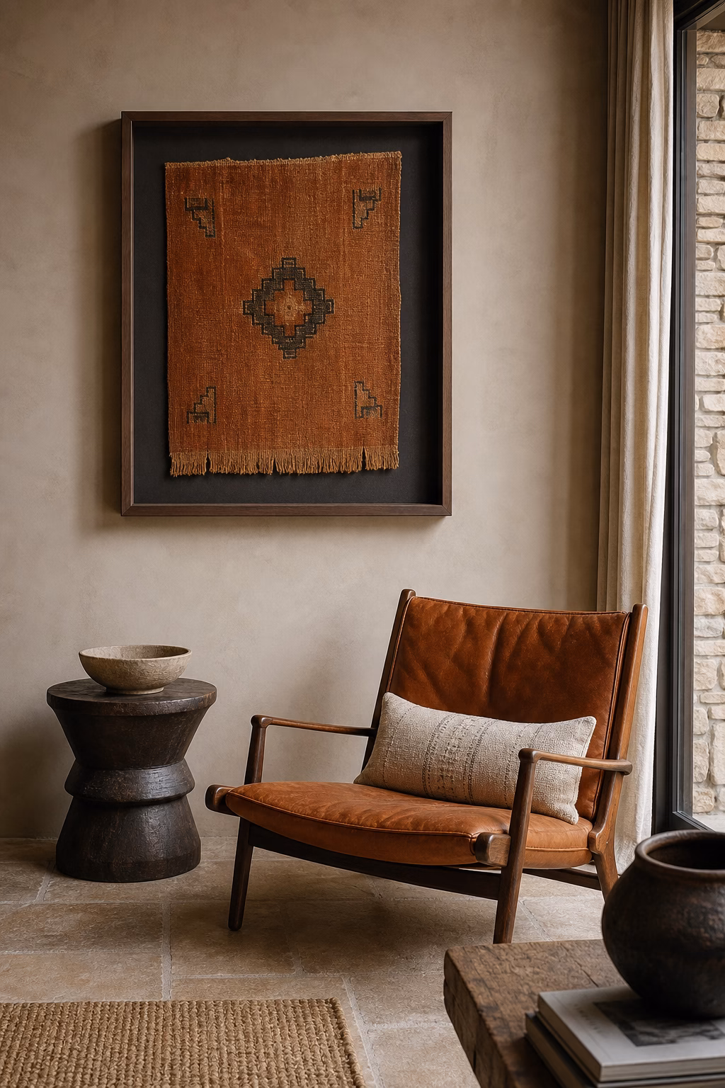 Framed textile artwork adding soft texture to a living room