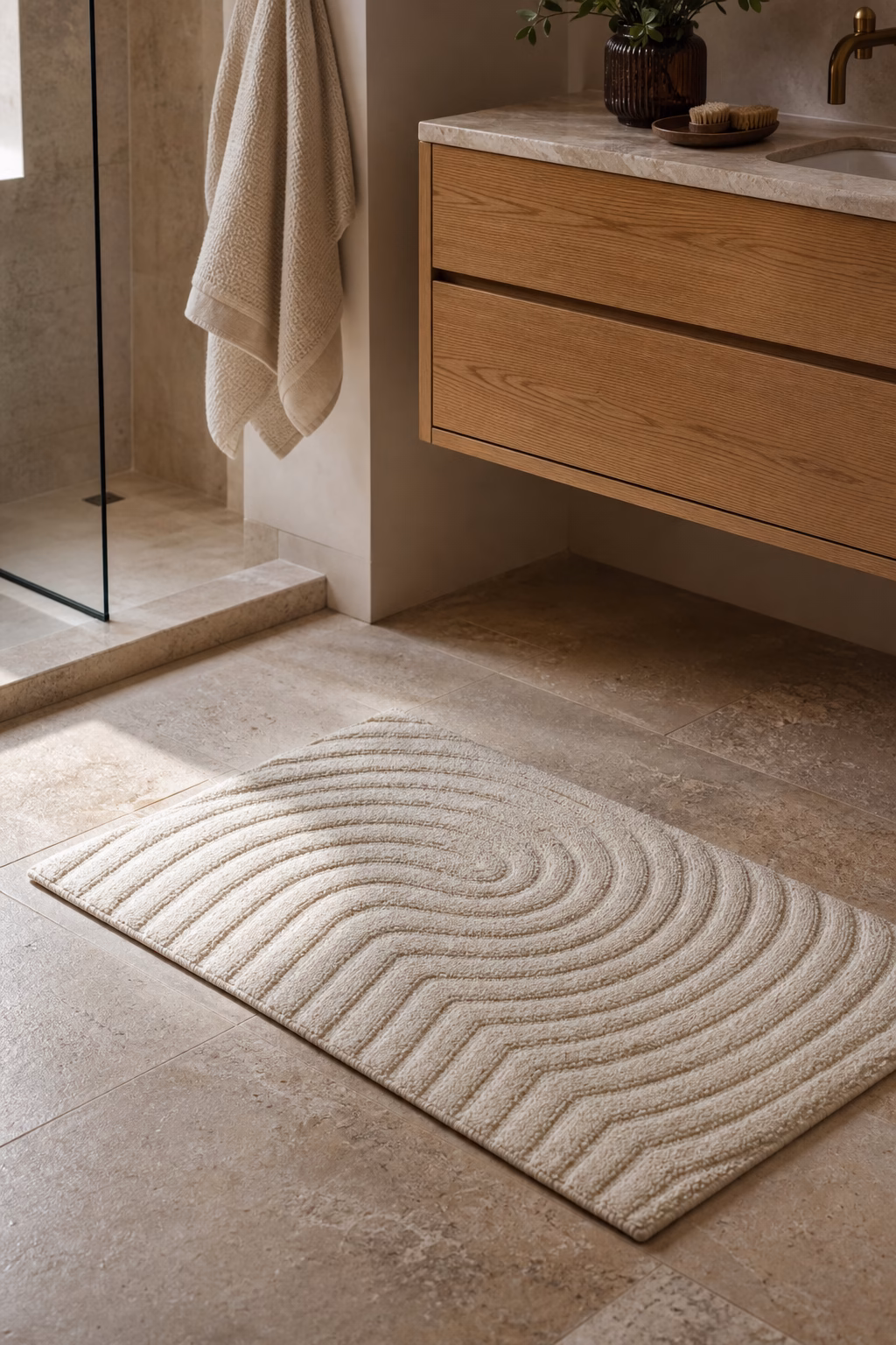 Textured ivory bath mat on stone bathroom floor beside floating oak vanity